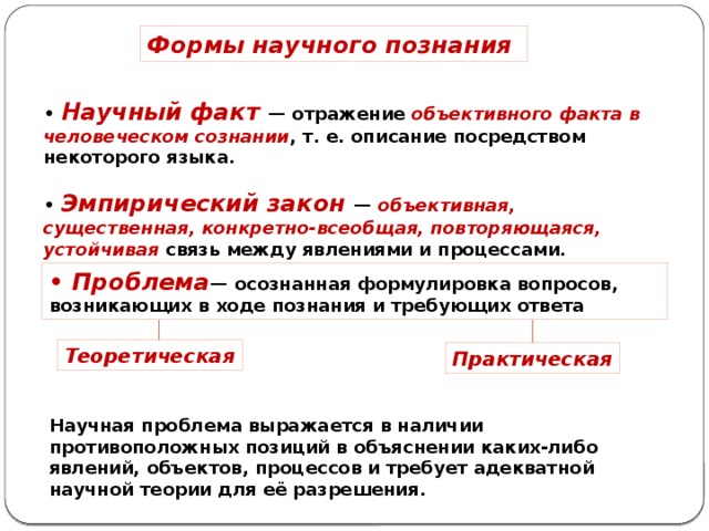 Формы научного познания • Научный факт — отражение объективного факта в человеческом сознании , т. е. описание посредством некоторого языка.  • Эмпирический закон — объективная, существенная, конкретно-всеобщая, повторяющаяся, устойчивая связь между явлениями и процессами. • Проблема — осознанная формулировка вопросов, возникающих в ходе познания и требующих ответа Теоретическая Практическая Научная проблема выражается в наличии противоположных позиций в объяснении каких-либо явлений, объектов, процессов и требует адекватной научной теории для её разрешения. 