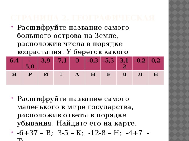 Страница 2. ГЕографическая Расшифруйте название самого большого острова на Земле, расположив числа в порядке возрастания. У берегов какого материка он находится? Расшифруйте название самого маленького в мире государства, расположив ответы в порядке убывания. Найдите его на карте. -6+37 – В; 3-5 – К; -12-8 – Н; -4+7 - Т; -7+11 - А; -4-2 - А; -3+5 - И 6,4 - 5,8 Я Р 3,9 -7,1 И Г 0 А -0,3 Н -5,3 3,12 Е Д -0,2 0,2 Л Н 