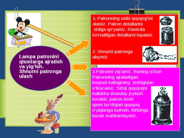 1. Patronning ustki qopqog‘ini olamiz. Patron detallarini  stolga qo‘yamiz. Rasmda ko‘rsatilgan detallarni topamiz 2. Shnurni patronga ulaymiz Lampa patronini qismlarga ajratish va yig‘ish. Shnurni patronga ulash 3.Patronni yig‘amiz. Buning uchun Patronning ajraladigan korpusi kallagining teshigidan o‘tkazamiz. Sirtqi qopqoqni kallakka shunday joylash kerakki, patron bosh qismi bo‘rtiqlari qopqoq o‘yiqlariga tushsin. Birbiriga burab mahkamlaymiz.  
