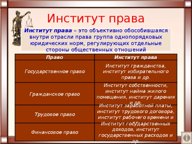 Институт права Институт права – это объективно обособившаяся внутри отрасли права группа однопорядковых юридических норм, регулирующих отдельные стороны общественных отношений Право Институт права Государственное право Институт гражданства, институт избирательного права и др. Гражданское право Институт собственности, институт найма жилого помещения, институт дарения и др. Трудовое право Институт заработной платы, институт трудового договора, институт рабочего времени и др. Финансовое право Институт государственных доходов, институт государственных расходов и др. 