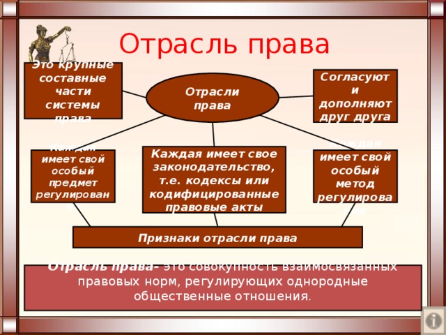 Отрасль права Это крупные составные части системы права Согласуют и дополняют друг друга Отрасли права Каждая имеет свое законодательство, т.е. кодексы или кодифицированные правовые акты Каждая имеет свой особый метод регулирования Каждая имеет свой особый предмет регулирования Признаки отрасли права Отрасль права- это совокупность взаимосвязанных правовых норм, регулирующих однородные общественные отношения. 
