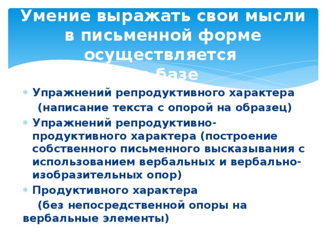 Умение выражать свои мысли в письменной форме осуществляется  на базе Упражнений репродуктивного характера  (написание текста с опорой на образец) Упражнений репродуктивно-продуктивного характера (построение собственного письменного высказывания с использованием вербальных и вербально-изобразительных опор) Продуктивного характера  (без непосредственной опоры на вербальные элементы) 