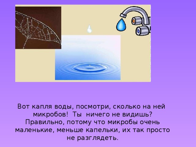 Вот капля воды, посмотри, сколько на ней микробов! Ты ничего не видишь? Правильно, потому что микробы очень маленькие, меньше капельки, их так просто не разглядеть.  