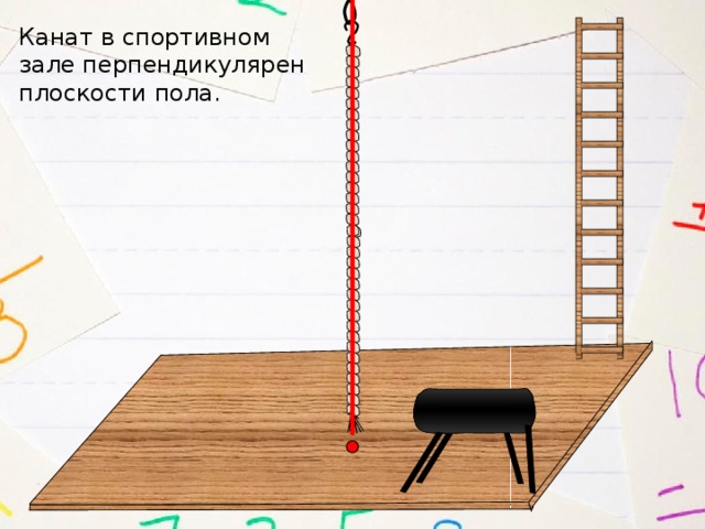 Канат в спортивном зале перпендикулярен плоскости пола. 14