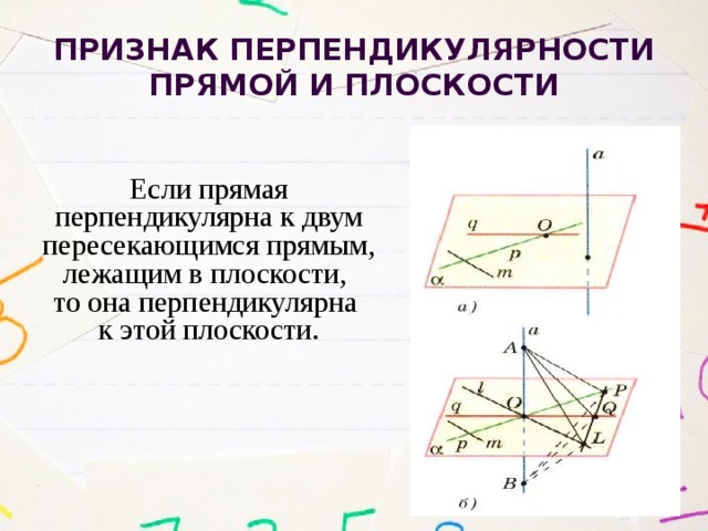 Признак перпендикулярности прямой и плоскости Если прямая перпендикулярна к двум пересекающимся прямым, лежащим в плоскости, то она перпендикулярна к этой плоскости.