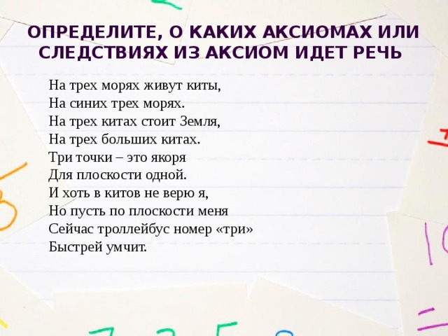 Определите, о каких аксиомах или следствиях из аксиом идет речь На трех морях живут киты, На синих трех морях. На трех китах стоит Земля, На трех больших китах. Три точки – это якоря Для плоскости одной. И хоть в китов не верю я, Но пусть по плоскости меня Сейчас троллейбус номер «три» Быстрей умчит.     