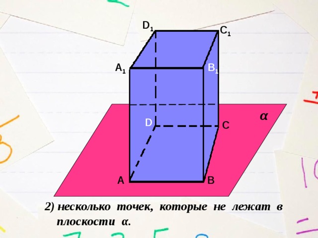 D 1 С 1 А 1 В 1 α D С А В 2) несколько точек, которые не лежат в  плоскости α. 