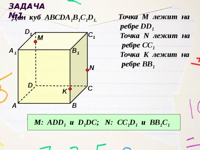 Задача №1. Точка М лежит на  ребре DD 1 Дан куб АВСDA 1 B 1 C 1 D 1. D 1 Точка N лежит на С 1  ребре CC 1 M В 1 А 1 Точка K лежит на  ребре BB 1 N D С K А В Назовите плоскости в которых лежат  точка М, точка N.  M: ADD 1 и D 1 DC; N: CC 1 D 1 и BB 1 C 1  