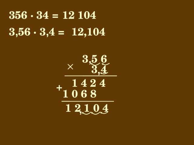 356 · 34 = 12 104 12,104 3 , 56 · 3 , 4 = 3 5 6 , 3 4 ,  1 4 2 4 +  1 0 6 8 1 2 1 0 4 , 