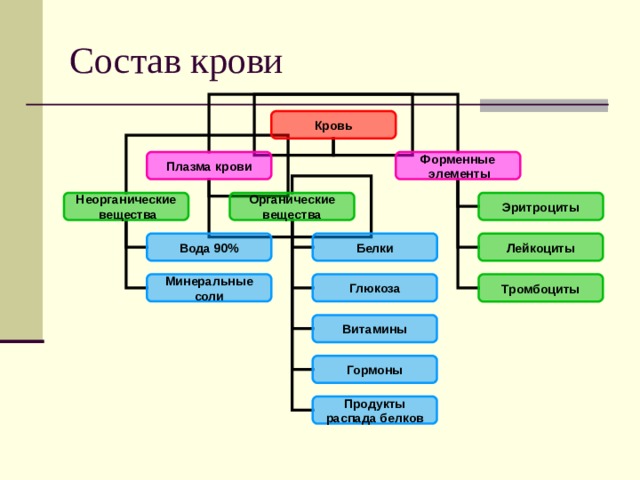 Состав крови Кровь Плазма крови Форменные  элементы Неорганические  вещества Органические  вещества Эритроциты Лейкоциты Вода 90% Белки Тромбоциты Минеральные  соли Глюкоза Витамины Гормоны Продукты  распада белков 