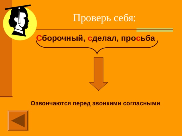 С борочный, с делал, про с ьба Озвончаются перед звонкими согласными 