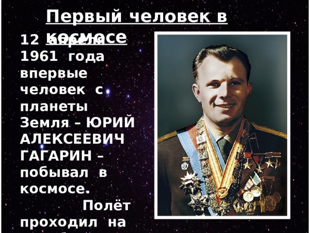 Первый человек в космосе 12 апреля 1961 года впервые человек с планеты Земля – ЮРИЙ АЛЕКСЕЕВИЧ ГАГАРИН – побывал в космосе. Полёт проходил на корабле «Восток – 1» и длился 108 минут. Гагарину было 27 лет. 