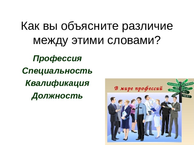Как вы объясните различие между этими словами? Профессия Специальность Квалификация Должность  