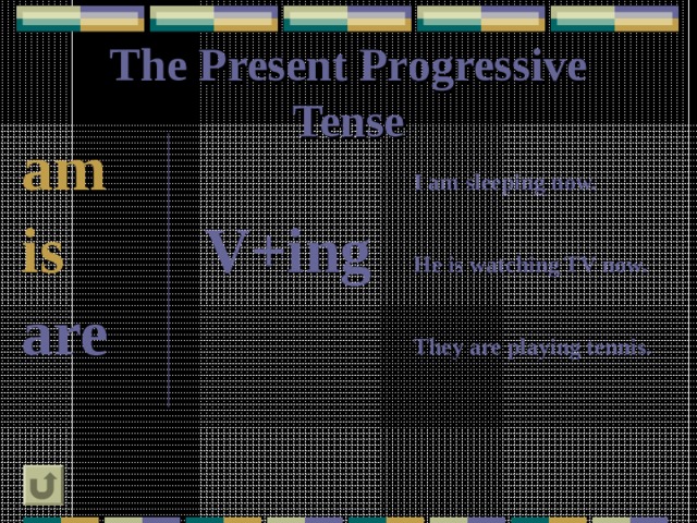 The Present Progressive Tense  am      I am sleeping now.  is    V+ing  He is watching TV now.  are      They are playing tennis.        