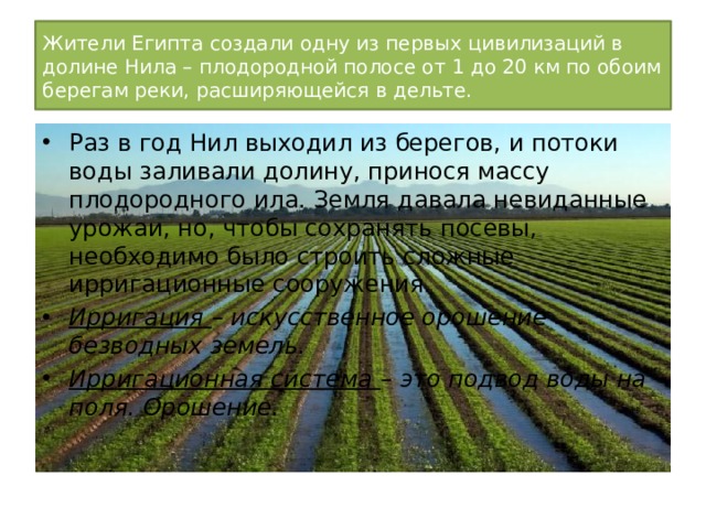 Жители Египта создали одну из первых цивилизаций в долине Нила – плодородной полосе от 1 до 20 км по обоим берегам реки, расширяющейся в дельте. Раз в год Нил выходил из берегов, и потоки воды заливали долину, принося массу плодородного ила. Земля давала невиданные урожаи, но, чтобы сохранять посевы, необходимо было строить сложные ирригационные сооружения. Ирригация – искусственное орошение безводных земель. Ирригационная система – это подвод воды на поля. Орошение. 