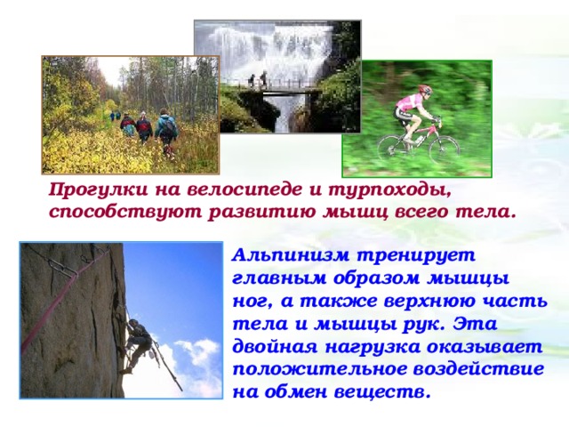 Прогулки на велосипеде и турпоходы, способствуют развитию мышц всего тела.  Альпинизм тренирует главным образом мышцы ног, а также верхнюю часть тела и мышцы рук. Эта двойная нагрузка оказывает положительное воздействие на обмен веществ. 