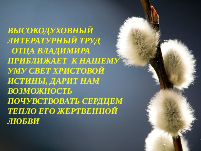  ВЫСОКОДУХОВНЫЙ ЛИТЕРАТУРНЫЙ ТРУД ОТЦА ВЛАДИМИРА ПРИБЛИЖАЕТ К НАШЕМУ УМУ СВЕТ ХРИСТОВОЙ ИСТИНЫ, ДАРИТ НАМ ВОЗМОЖНОСТЬ ПОЧУВСТВОВАТЬ СЕРДЦЕМ ТЕПЛО ЕГО ЖЕРТВЕННОЙ ЛЮБВИ   