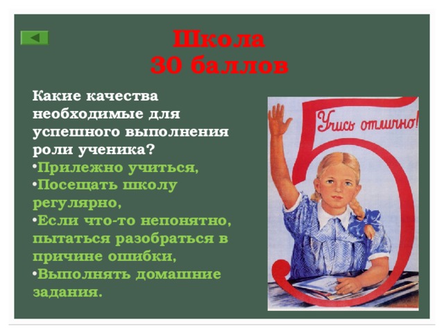 Школа  30 баллов Какие качества необходимые для успешного выполнения роли ученика? Прилежно учиться, Посещать школу регулярно, Если что-то непонятно, пытаться разобраться в причине ошибки, Выполнять домашние задания. 