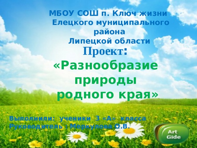МБОУ СОШ п. Ключ жизни  Елецкого муниципального района  Липецкой области  Проект : «Разнообразие природы  родного края»  Выполнили: ученики 3 «А» класса Руководитель : Меркулова О.В.  