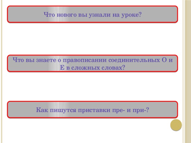 Что нового вы узнали на уроке? Что вы знаете о правописании соединительных О и Е в сложных словах? Как пишутся приставки пре- и при-? 
