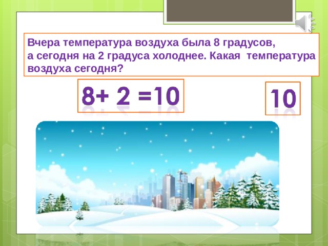 Вчера температура воздуха была 8 градусов, а сегодня на 2 градуса холоднее. Какая температура воздуха сегодня? 