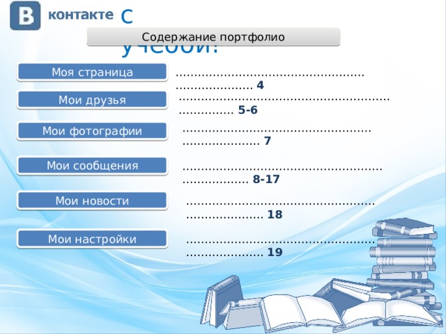 с учебой! Содержание портфолио Моя страница ……………………………………………………………… 4 ……………………………………………………………… 5-6 Мои друзья ……………………………………………………………… 7 Мои фотографии Мои сообщения ……………………………………………………………… 8-17 Мои новости ……………………………………………………………… 18 Мои настройки ……………………………………………………………… 19 