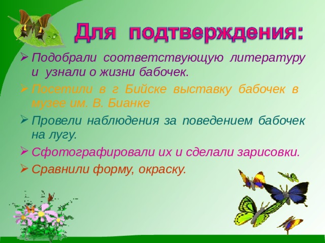 Подобрали соответствующую литературу и узнали о жизни бабочек. Посетили в г Бийске выставку бабочек в музее им. В. Бианке Провели наблюдения за поведением бабочек на лугу. Сфотографировали их и сделали зарисовки. Сравнили форму, окраску.  