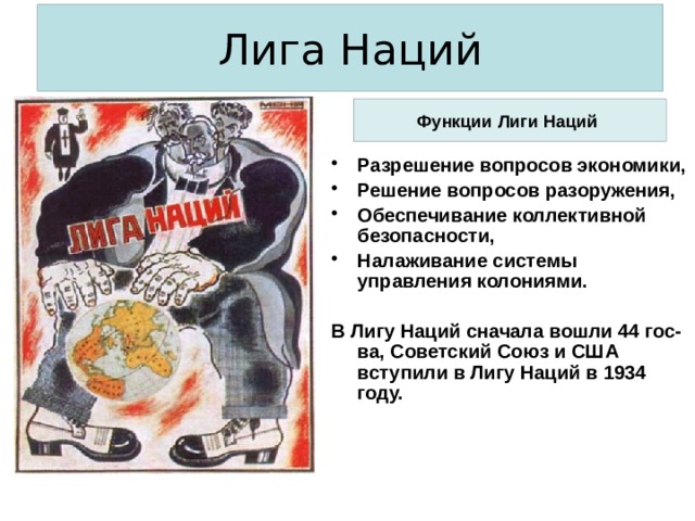 Лига Наций Функции Лиги Наций Разрешение вопросов экономики, Решение вопросов разоружения, Обеспечивание коллективной безопасности, Налаживание системы управления колониями.  В Лигу Наций сначала вошли 44 гос-ва, Советский Союз и США вступили в Лигу Наций в 1934 году. 