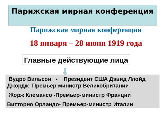 Парижская мирная конференция   Парижская мирная конференция 18 января – 28 июня 1919 года Главные действующие лица  Вудро Вильсон - Президент США Дэвид Ллойд Джордж- Премьер-министр Великобритании  Жорж Клемансо -Премьер-министр Франции Витторио Орландо- Премьер-министр Италии 