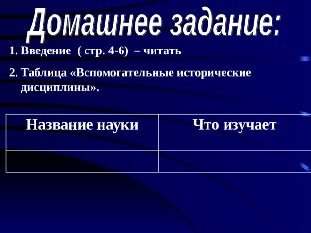 Введение ( стр. 4-6) – читать Таблица «Вспомогательные исторические дисциплины». Название науки Что изучает 