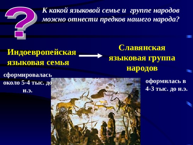 К какой языковой семье и группе народов можно отнести предков нашего народа? Славянская языковая группа народов Индоевропейская языковая семья сформировалась около 5-4 тыс. до н.э.  оформилась в 4-3 тыс. до н.э. 