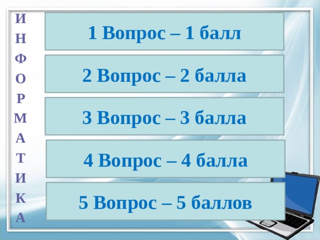 И Н Ф О Р М А Т И К А 1 Вопрос – 1 балл 2 Вопрос – 2 балла 3 Вопрос – 3 балла 4 Вопрос – 4 балла 5 Вопрос – 5 баллов 