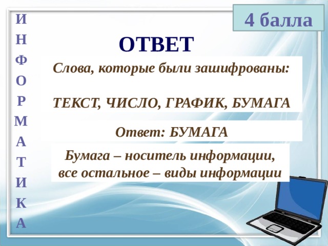 4 балла И Н Ф О Р М А Т И К А ОТВЕТ Слова, которые были зашифрованы:  ТЕКСТ, ЧИСЛО, ГРАФИК, БУМАГА Ответ: БУМАГА Бумага – носитель информации, все остальное – виды информации 