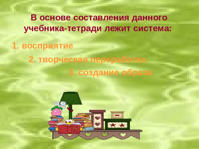  В основе составления данного учебника-тетради лежит система: 1. восприятие  2. творческая переработка  3. создание образа  