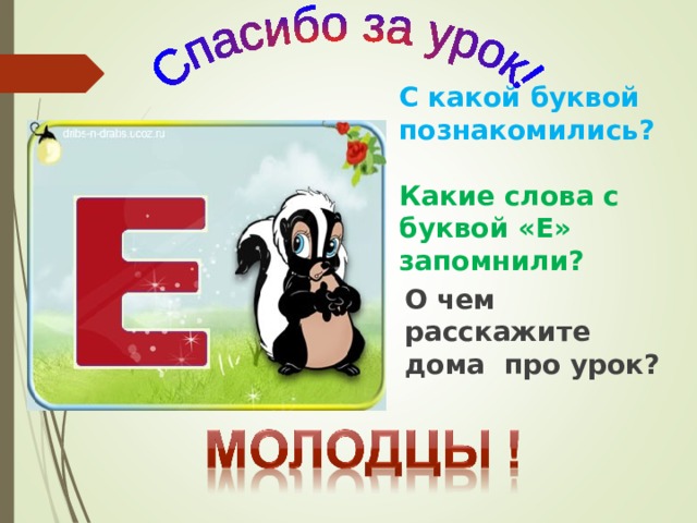 С какой буквой познакомились? Какие слова с буквой «Е» запомнили? О чем расскажите дома про урок? 
