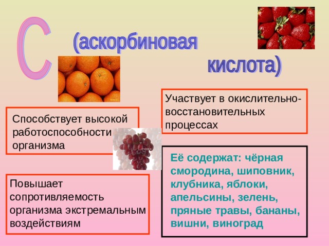 Участвует в окислительно-восстановительных процессах Способствует высокой работоспособности организма Её содержат: чёрная смородина, шиповник, клубника, яблоки, апельсины, зелень, пряные травы, бананы, вишни, виноград  Повышает сопротивляемость организма экстремальным воздействиям 