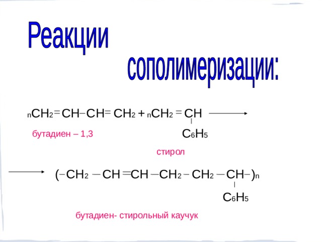 n CH 2  CH  CH  CH 2 +  n CH 2  CH C 6 H 5 бутадиен – 1,3 стирол ( CH 2 CH CH CH 2 CH 2 CH ) n C 6 H 5 бутадиен- стирольный каучук  