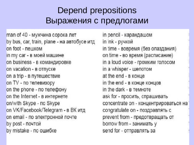 Depend prepositions  Выражения с предлогами 