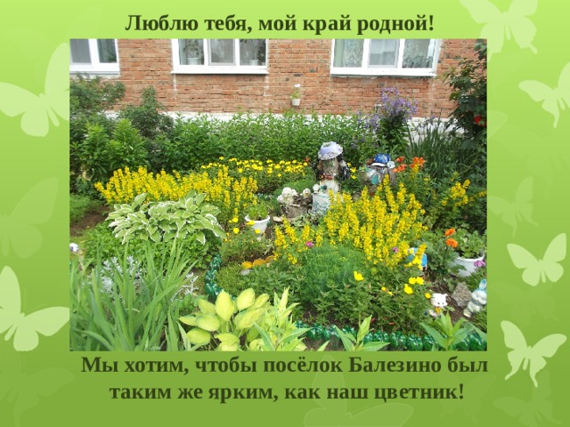 Люблю тебя, мой край родной!   Мы хотим, чтобы посёлок Балезино был таким же ярким, как наш цветник!   