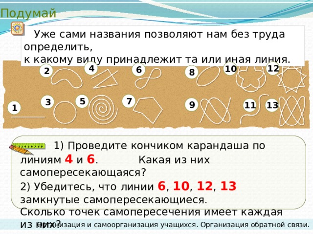 Подумай  Уже сами названия позволяют нам без труда определить,  к какому виду принадлежит та или иная линия. 4 12 10 6 2 8 7 5 3 9 11 13 1  1) Проведите кончиком карандаша по линиям 4 и 6 . Какая из них самопересекающаяся?  2) Убедитесь, что линии 6 , 10 , 12 , 13 замкнутые самопересекающиеся. Сколько точек самопересечения имеет каждая из них? Организация и самоорганизация учащихся. Организация обратной связи. 