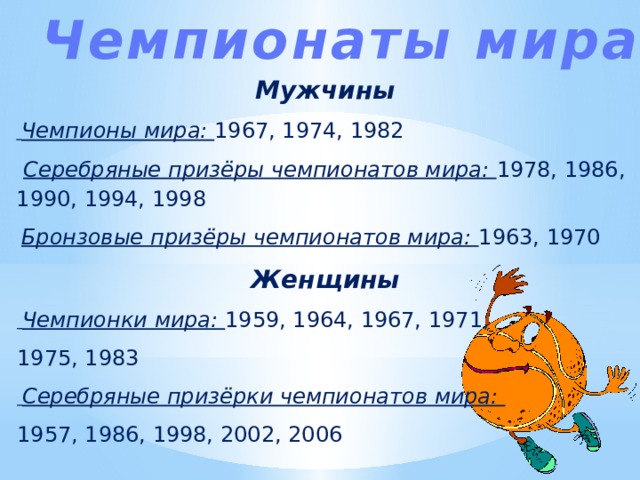 Чемпионаты мира Мужчины  Чемпионы мира: 1967, 1974, 1982  Серебряные призёры чемпионатов мира: 1978, 1986, 1990, 1994, 1998  Бронзовые призёры чемпионатов мира: 1963, 1970 Женщины  Чемпионки мира: 1959, 1964, 1967, 1971, 1975, 1983  Серебряные призёрки чемпионатов мира: 1957, 1986, 1998, 2002, 2006 