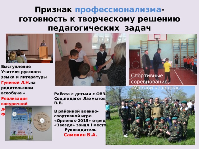 Признак профессионализма -готовность к творческому решению педагогических задач Выступление Учителя русского языка и литературы Гуниной Л.Н .на родительском всеобуче « Реализация внеурочной деятельности по ФГОС» Спортивные соревнования, «Удалой казачок» Работа с детьми с ОВЗ. Соц.педагог Лахмытова В.В. В районной военно-спортивной игре «Орленок-2019» отряд «Звезда» занял I место Руководитель Самохин В.А. 
