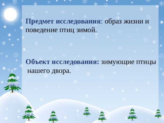  Предмет исследования : образ жизни и поведение птиц зимой. Объект исследования: зимующие птицы нашего двора.  