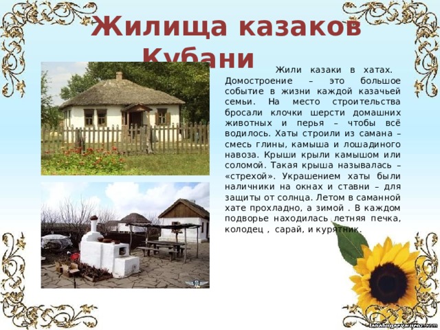  Жилища казаков Кубани  Жили казаки в хатах. Домостроение – это большое событие в жизни каждой казачьей семьи. На место строительства бросали клочки шерсти домашних животных и перья – чтобы всё водилось. Хаты строили из самана – смесь глины, камыша и лошадиного навоза. Крыши крыли камышом или соломой. Такая крыша называлась – «стрехой». Украшением хаты были наличники на окнах и ставни – для защиты от солнца. Летом в саманной хате прохладно, а зимой . В каждом подворье находилась летняя печка, колодец , сарай, и курятник. 