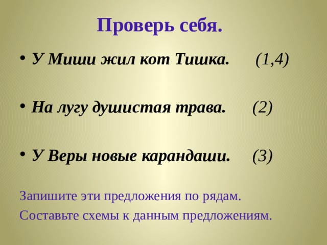Проверь себя. У Миши жил кот Тишка. (1,4)  На лугу душистая трава. (2)  У Веры новые карандаши. (3) Запишите эти предложения по рядам. Составьте схемы к данным предложениям. 