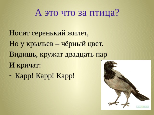 А это что за птица? Носит серенький жилет, Но у крыльев – чёрный цвет. Видишь, кружат двадцать пар И кричат: Карр! Карр! Карр! 