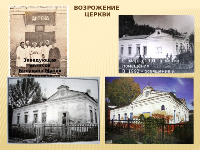 ВОЗРОЖЕНИЕ ЦЕРКВИ С марта 1991 – очистка помещения Заведующая аптекой Белухина Мария Ивановна В 1992 – освящение и открытие Храма 