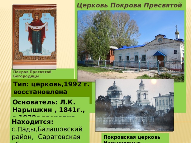 Церковь Покрова Пресвятой Богородицы Покров Пресвятой Богородицы Тип: церковь,1992 г. восстановлена прихожанами Основатель: Л.К. Нарышкин , 1841г., в 1939г взорвана. Находится: с.Пады,Балашовский район, Саратовская область Покровская церковь Нарышкиных 