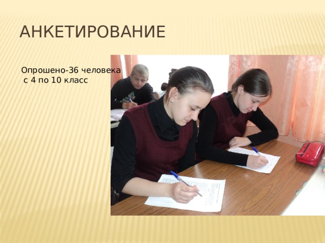 Анкетирование Опрошено-36 человека  с 4 по 10 класс 