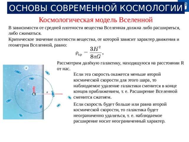 ОСНОВЫ СОВРЕМЕННОЙ КОСМОЛОГИИ Космологическая модель Вселенной В зависимости от средней плотности вещества Вселенная должна либо расширяться, либо сжиматься. Критическое значение плотности вещества, от которой зависит характер движения и геометрия Вселенной, равно: Рассмотрим далёкую галактику, находящуюся на расстоянии R от нас. Если эта скорость окажется меньше второй космической скорости для этого шара, то наблюдаемое удаление галактики сменится в конце концов приближением, т. е. Расширение Вселенной сменится сжатием. Если скорость будет больше или равна второй космической скорости, то галактика будет неограниченно удаляться, т. е. наблюдаемое расширение носит неограниченный характер. 20 